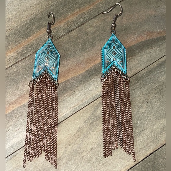 Vintage Patina Bronze Filagree Ornate Tassel Fringe Long Teal Copper Earrings - Picture 6 of 7